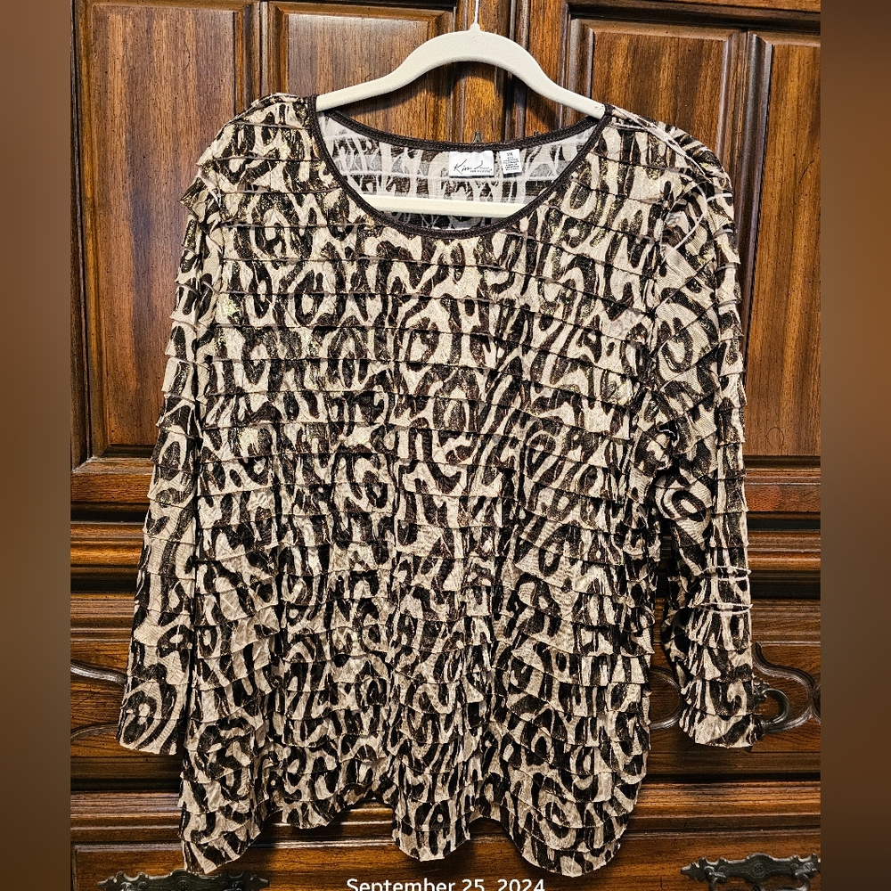 Women's 2X Kim Roger's Pull-Over Blouse Ruffles 3/4 Sleeves Brown Beige